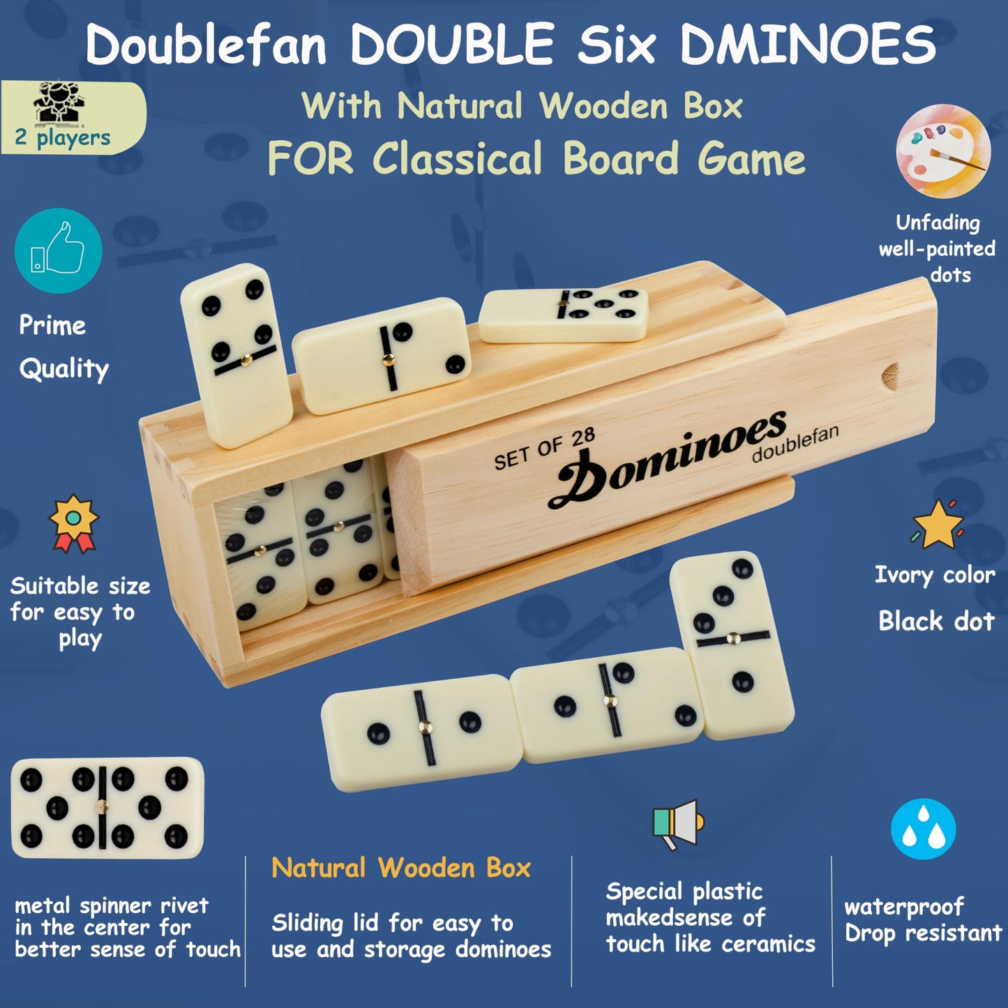 Doublefan Dominoes Set – Double Six, 28 Tiles, Wooden Box