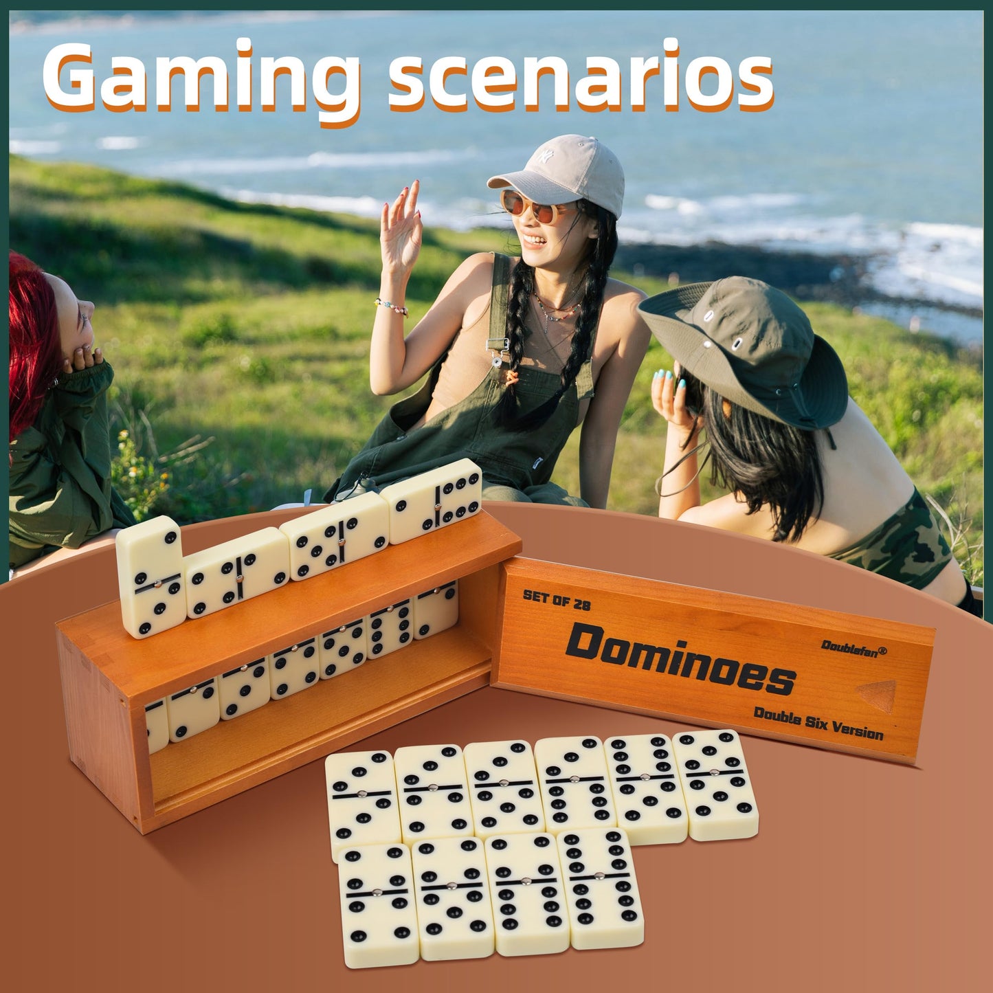 Doublefan Jumbo Double Six Domino Set with Spinner — 28 Tiles in Brown Wooden Box