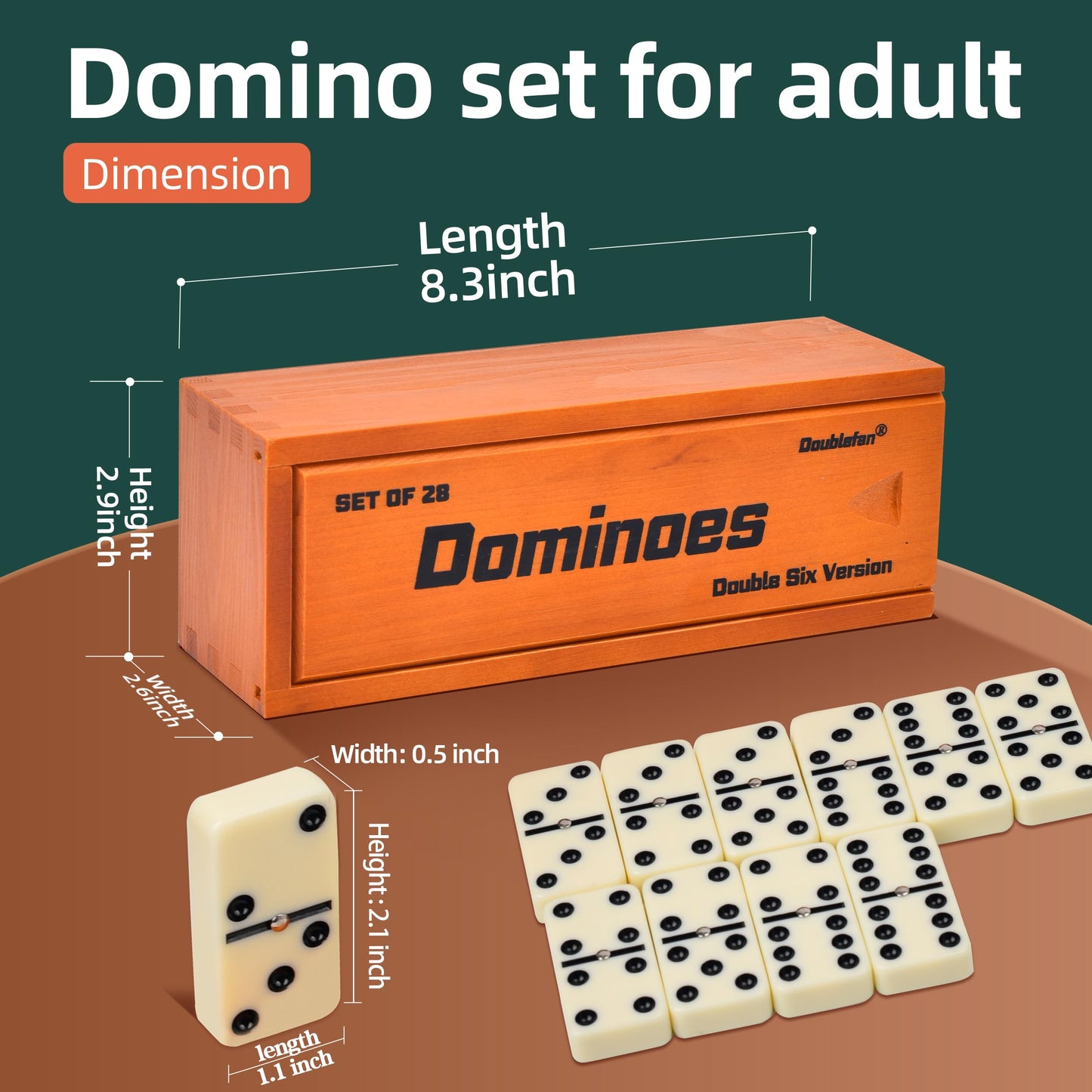 Doublefan Jumbo Double Six Domino Set with Spinner — 28 Tiles in Brown Wooden Box