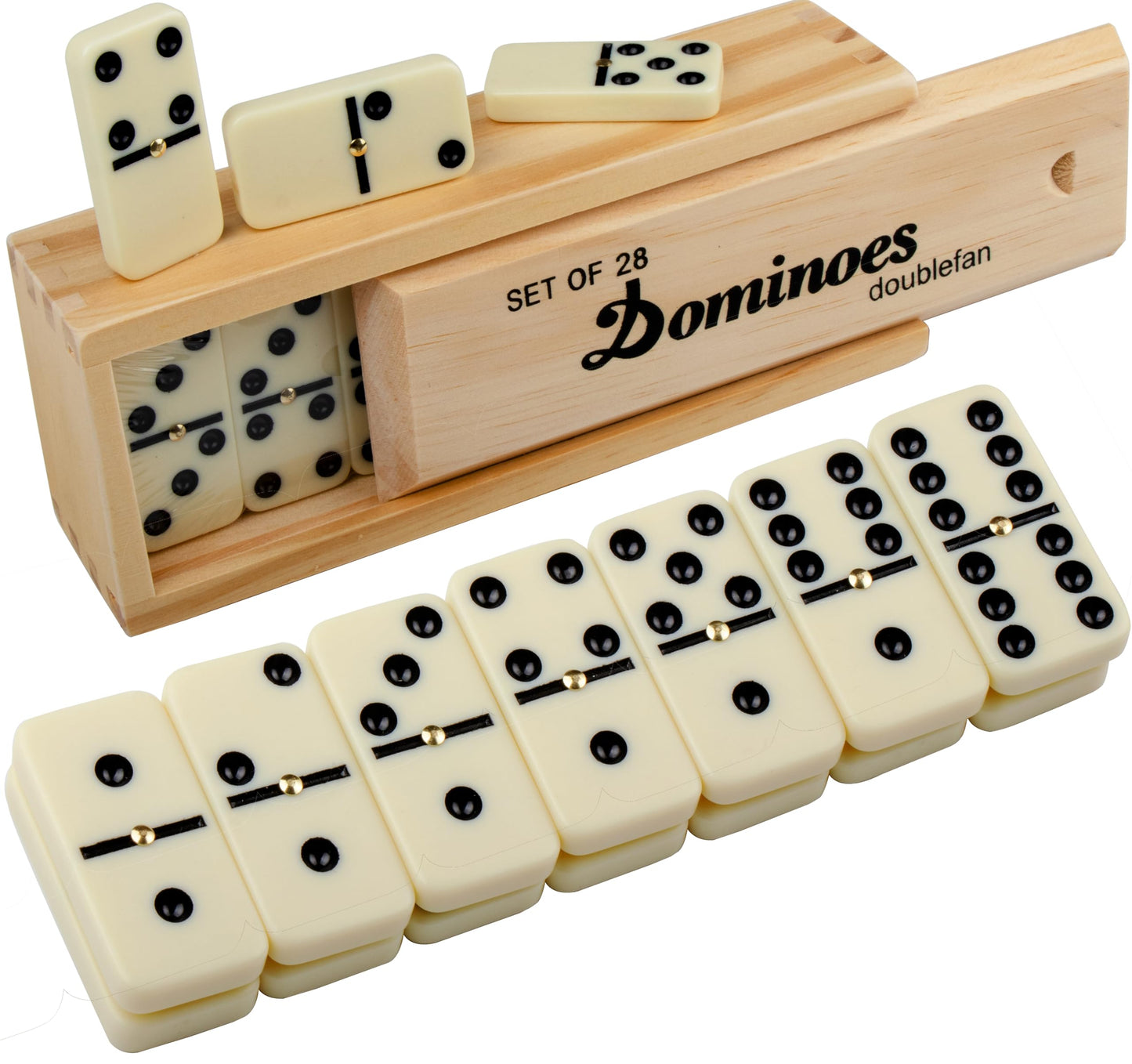 Doublefan Dominoes Set – Double Six, 28 Tiles, Wooden Box