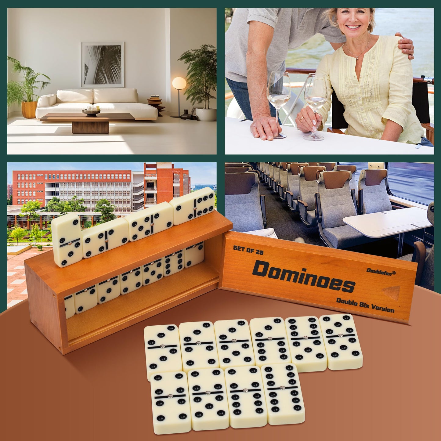 Doublefan Jumbo Double Six Domino Set with Spinner — 28 Tiles in Brown Wooden Box
