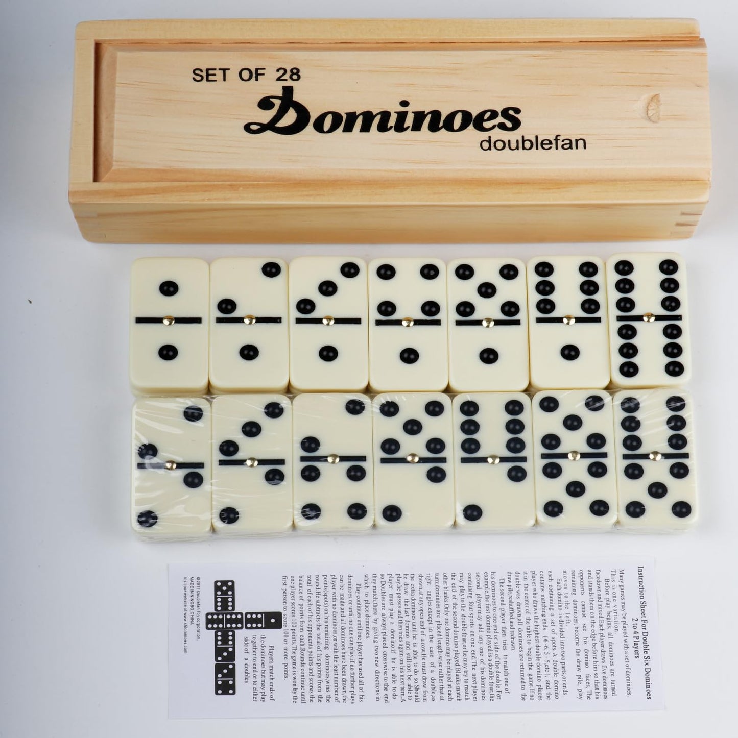 Doublefan Dominoes Set – Double Six, 28 Tiles, Wooden Box