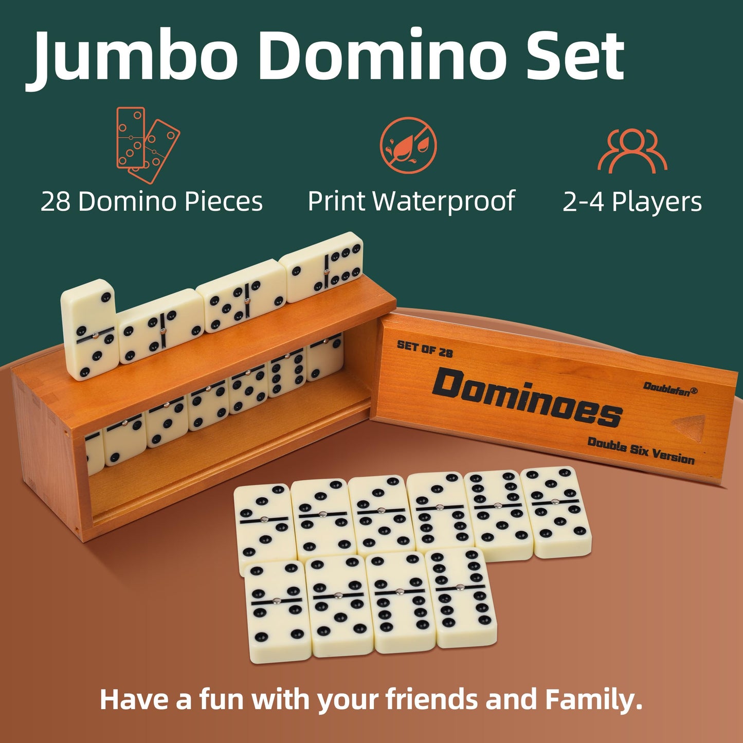Doublefan Jumbo Double Six Domino Set with Spinner — 28 Tiles in Brown Wooden Box