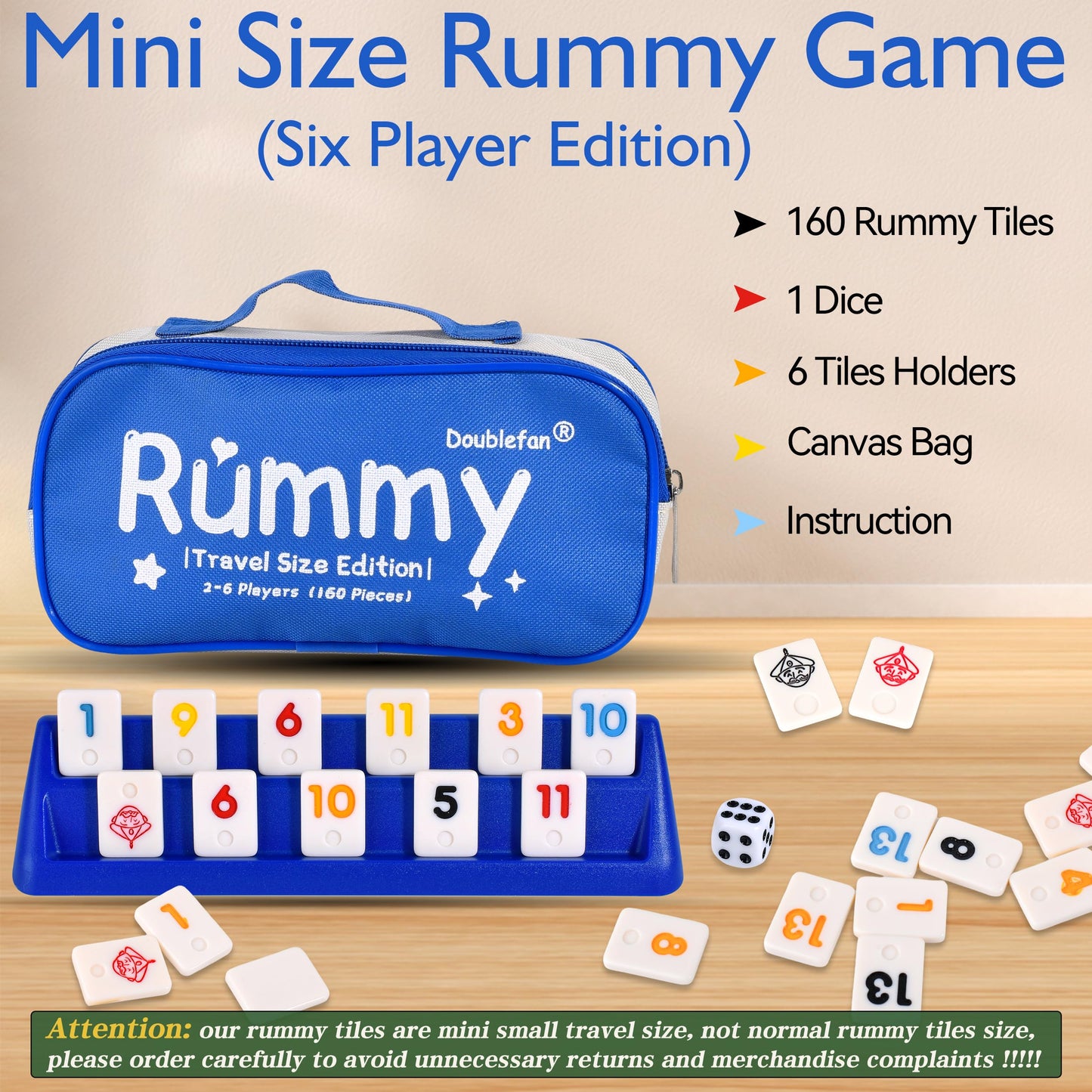 Doublefan Mini Rummy Cube Game – Portable 2-6 Player Travel Board Game (160 Tiles, 6 Racks)