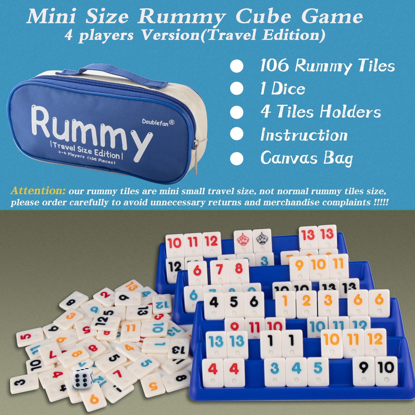 Doublefan Mini Rummy Cube Set – Travel-Ready 106 Tiles for 2-4 Players