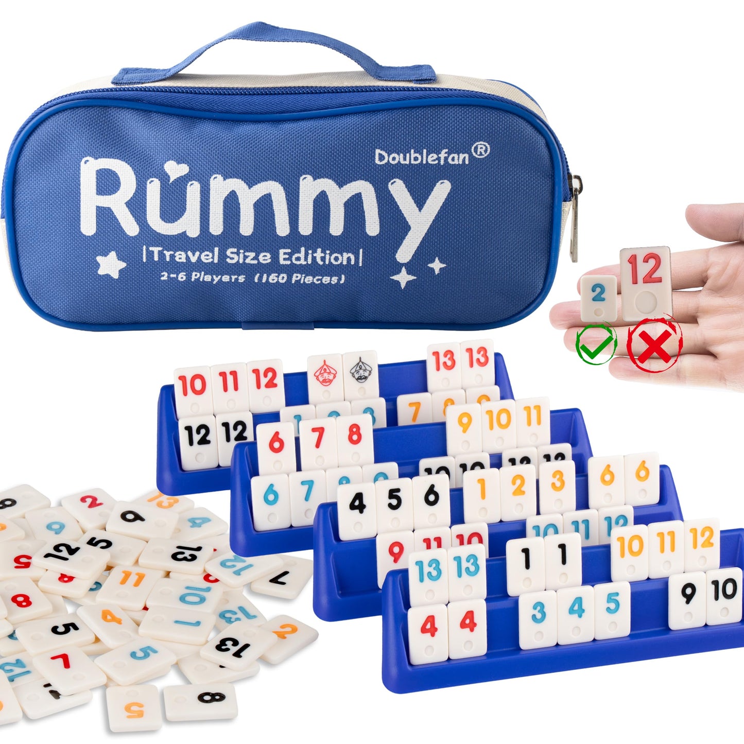 Doublefan Mini Rummy Cube Game – Portable 2-6 Player Travel Board Game (160 Tiles, 6 Racks)