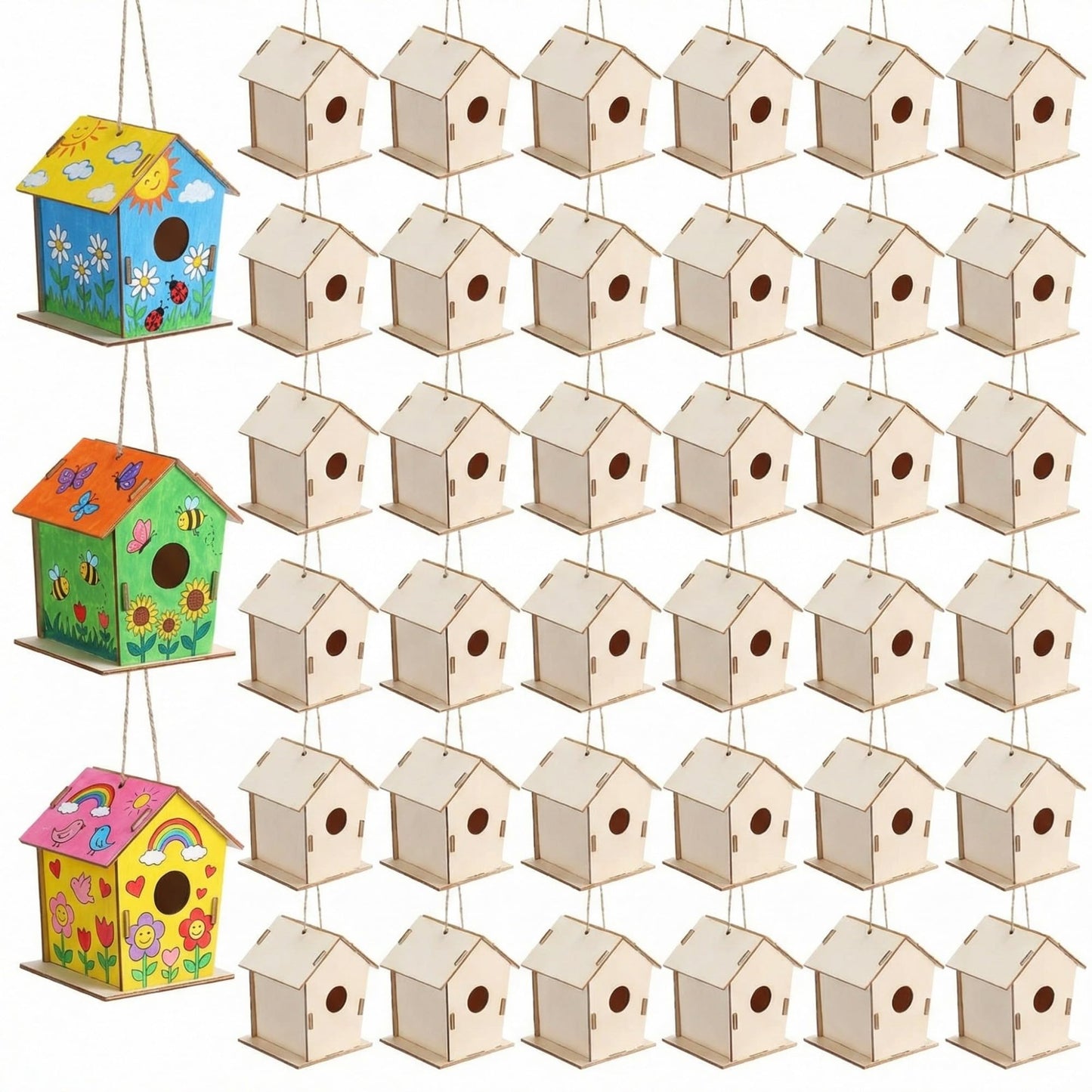 DoubleFill 48-Pack Unfinished Wooden Bird Houses for Kids – DIY Hanging Craft Kit