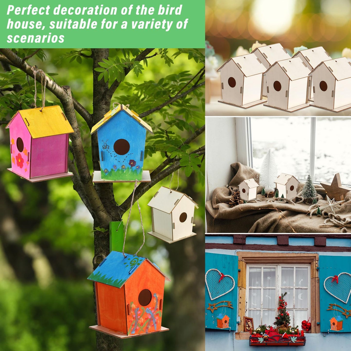 DoubleFill 100 Pcs 4.33" Unfinished Wooden Bird Houses Bulk for Kids DIY - Hanging Birdhouse Craft