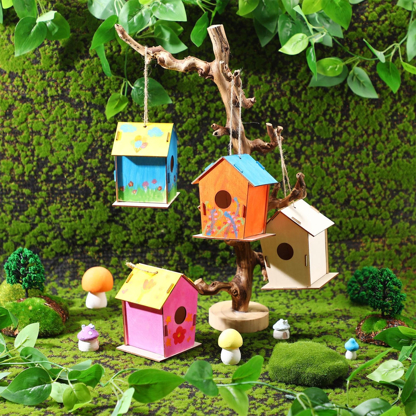 DoubleFill 100 Pcs 4.33" Unfinished Wooden Bird Houses Bulk for Kids DIY - Hanging Birdhouse Craft