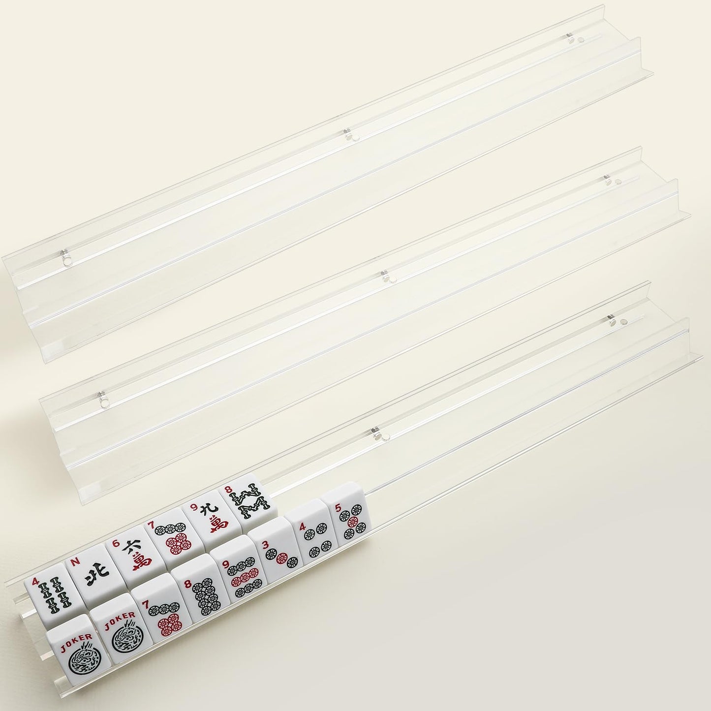 DoubleFill 4 Pack Mahjong Tile Rack & Pusher Set – Acrylic Flat Edge Racks for 4 Players