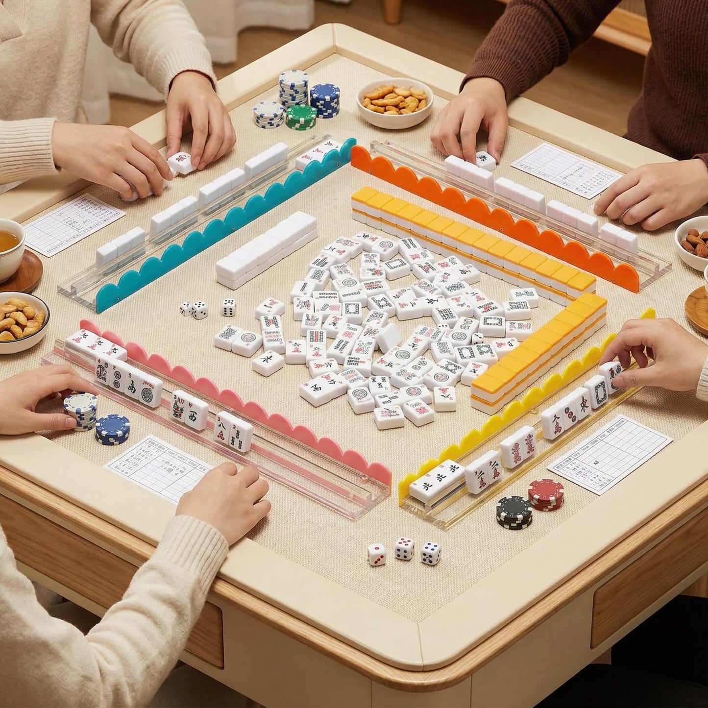 DoubleFill 4-Pack Mahjong Tile Rack & Pusher Set – Acrylic Scalloped Racks for 4 Players