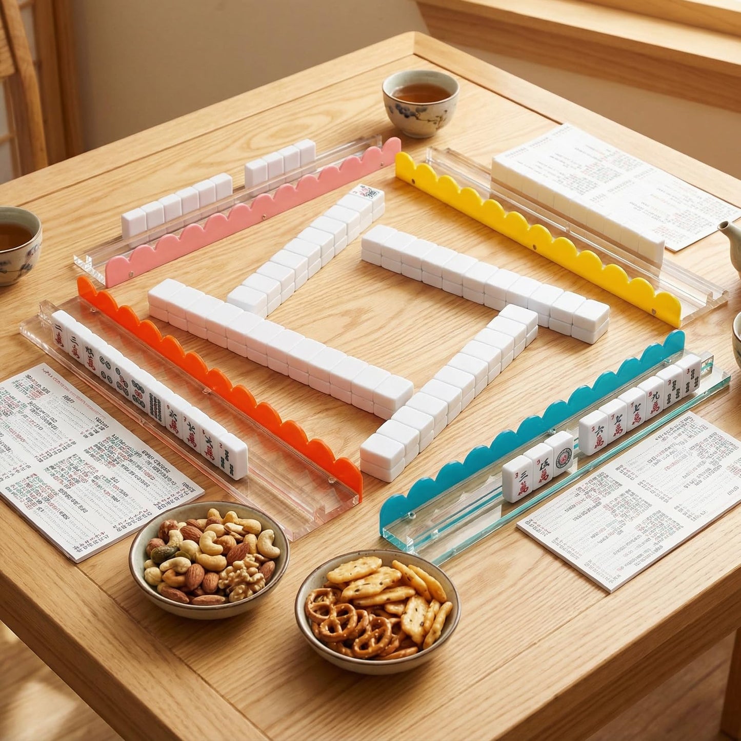 DoubleFill 4-Pack Mahjong Tile Rack & Pusher Set – Acrylic Scalloped Racks for 4 Players