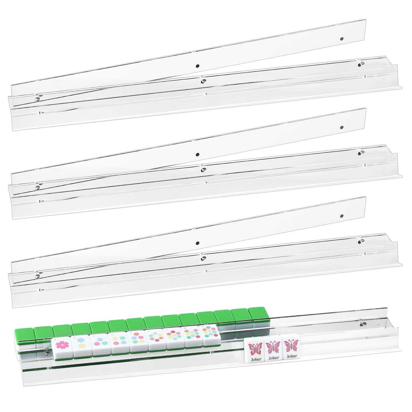 DoubleFill 4 Pack Mahjong Tile Rack & Pusher Set – Acrylic Flat Edge Racks for 4 Players