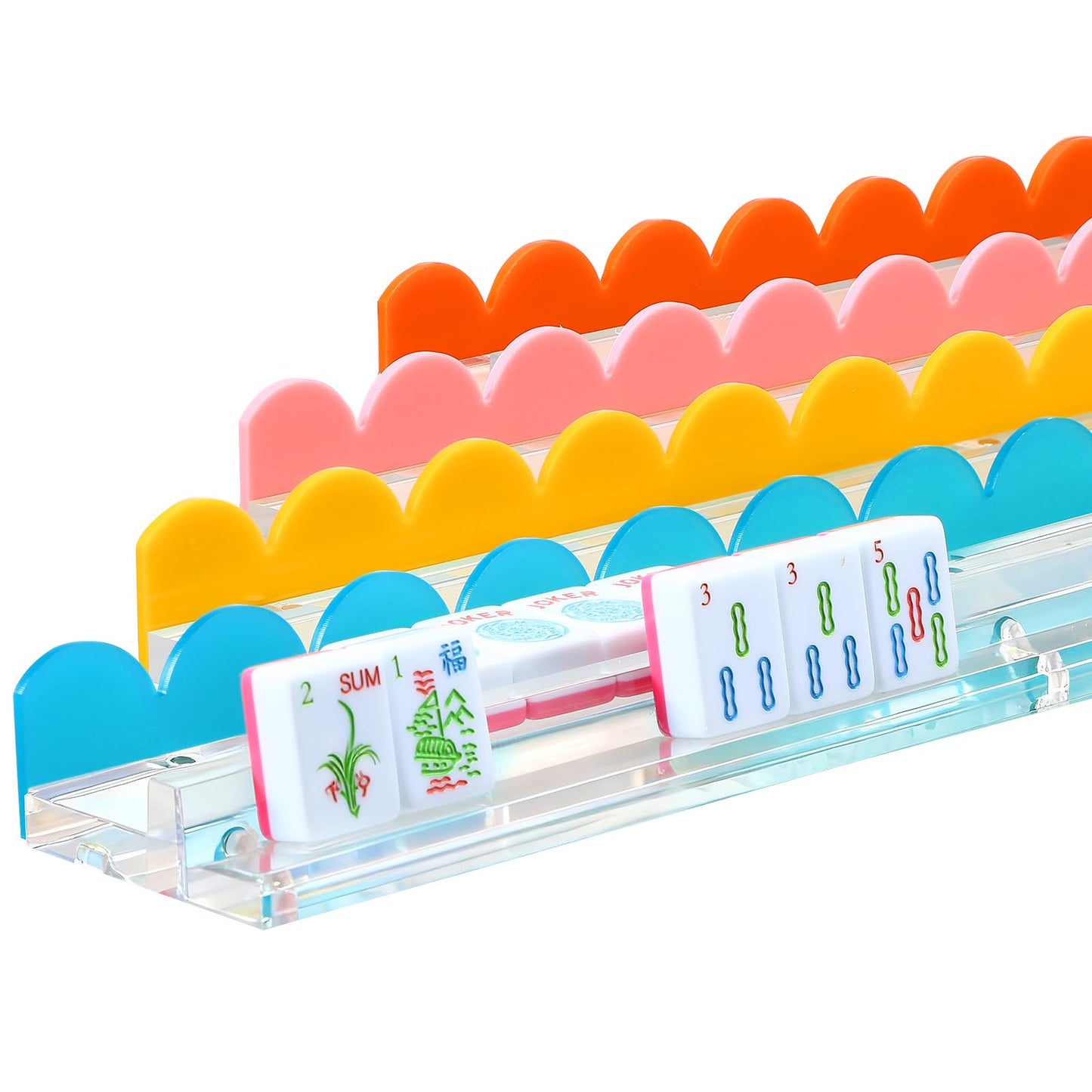 DoubleFill 4-Pack Mahjong Tile Rack & Pusher Set – Acrylic Scalloped Racks for 4 Players