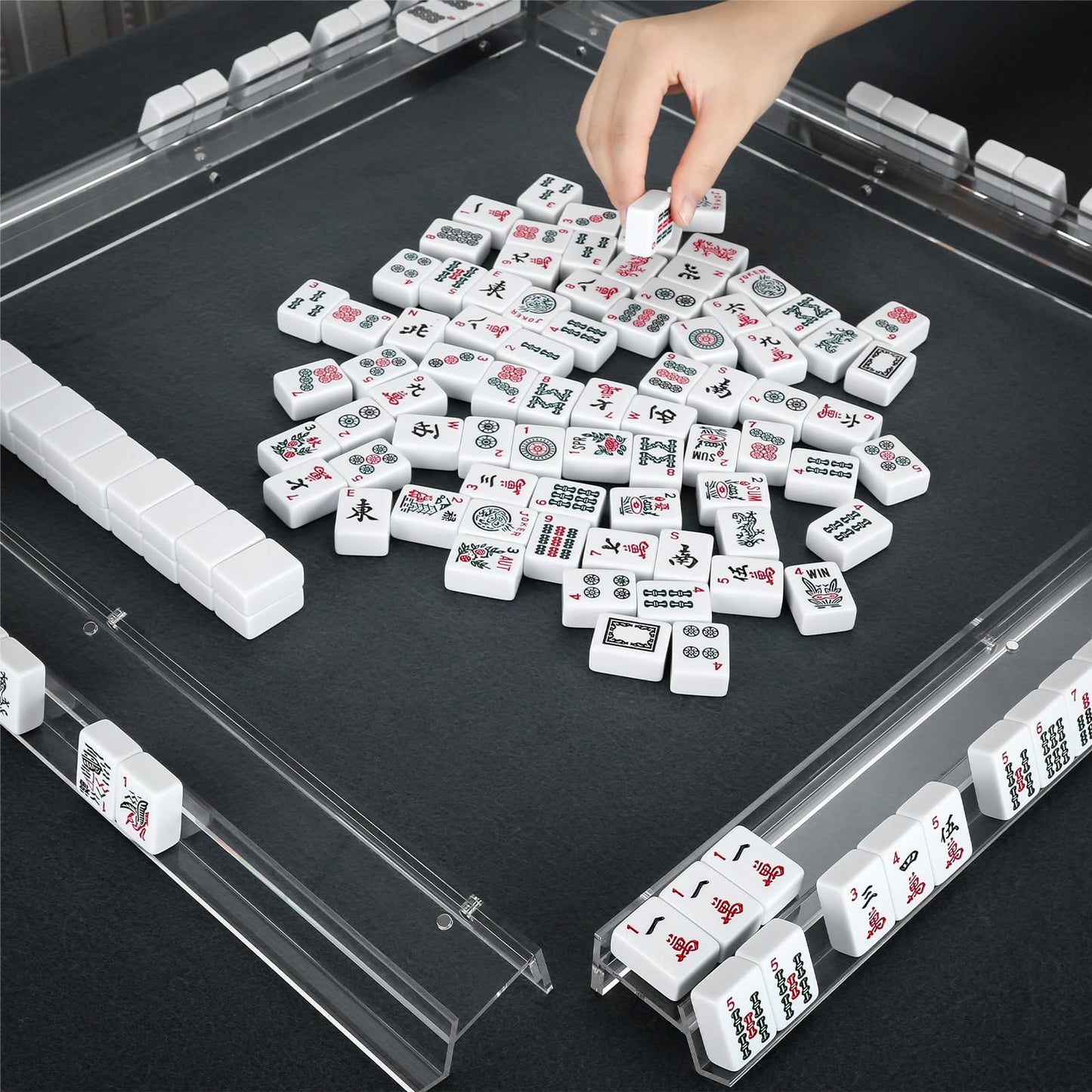 DoubleFill 4 Pack Mahjong Tile Rack & Pusher Set – Acrylic Flat Edge Racks for 4 Players