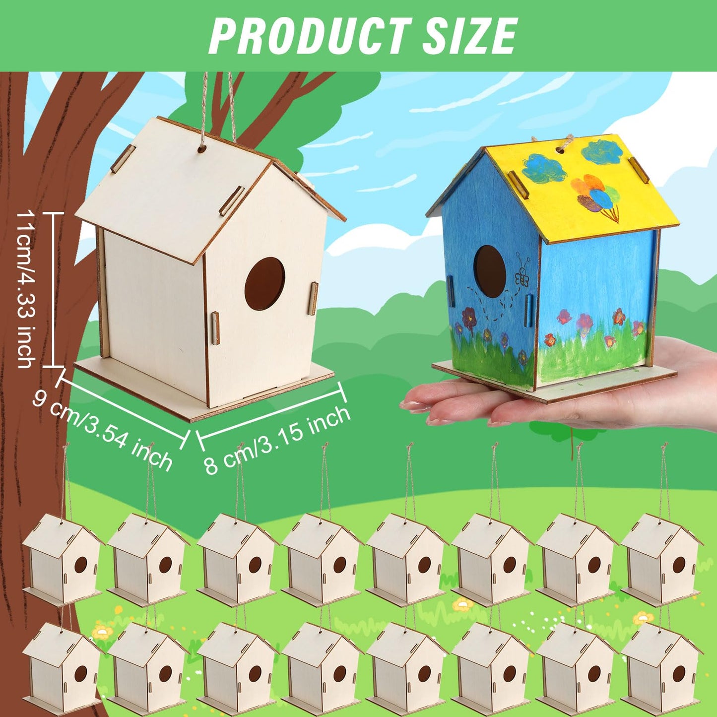 DoubleFill 48-Pack Unfinished Wooden Bird Houses for Kids – DIY Hanging Craft Kit