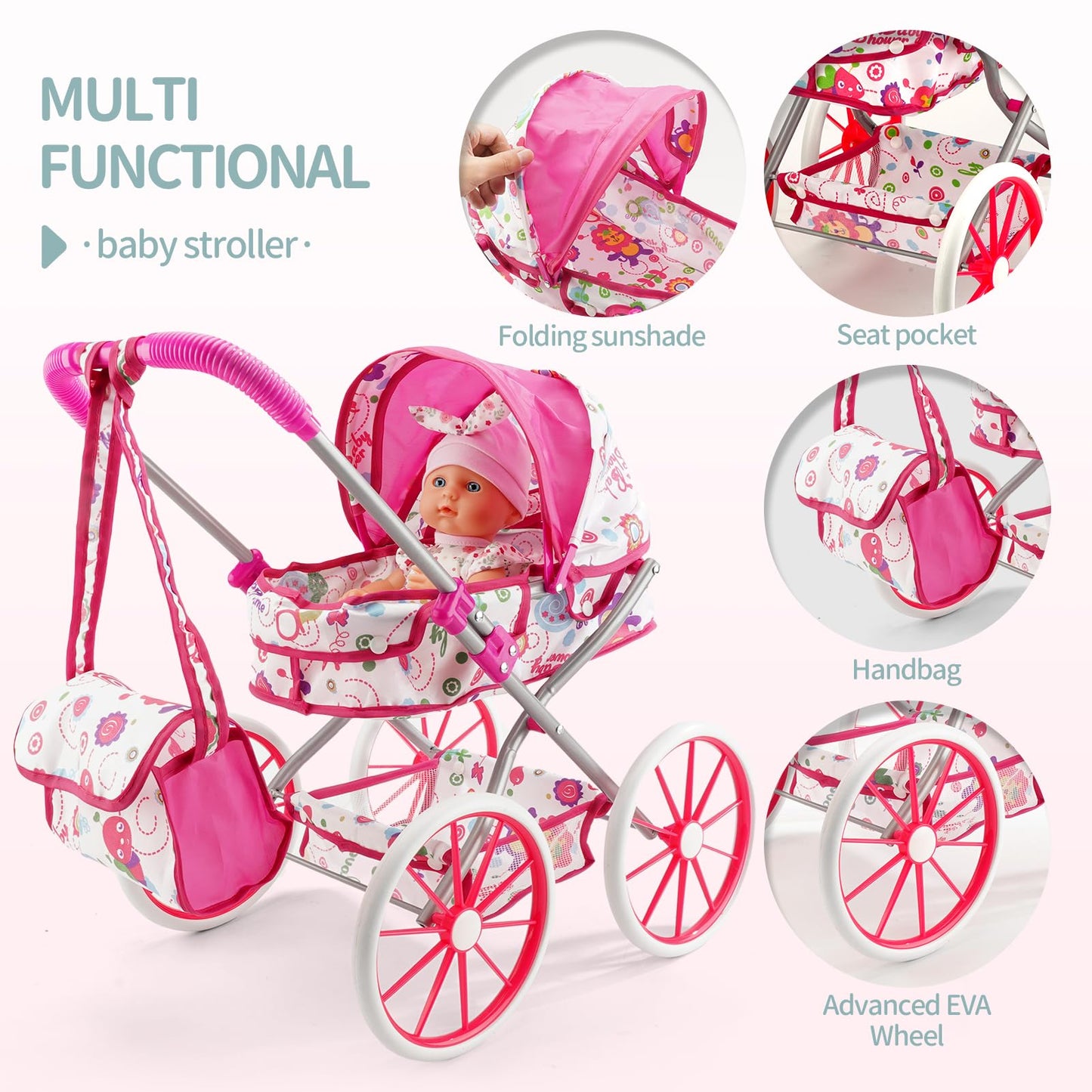 Doublekai Baby Doll Stroller Toys Set with 13'' Doll, Bed, Dining Chair & 26 Accessories | Pretend Play for 3–7 Year Old Girls
