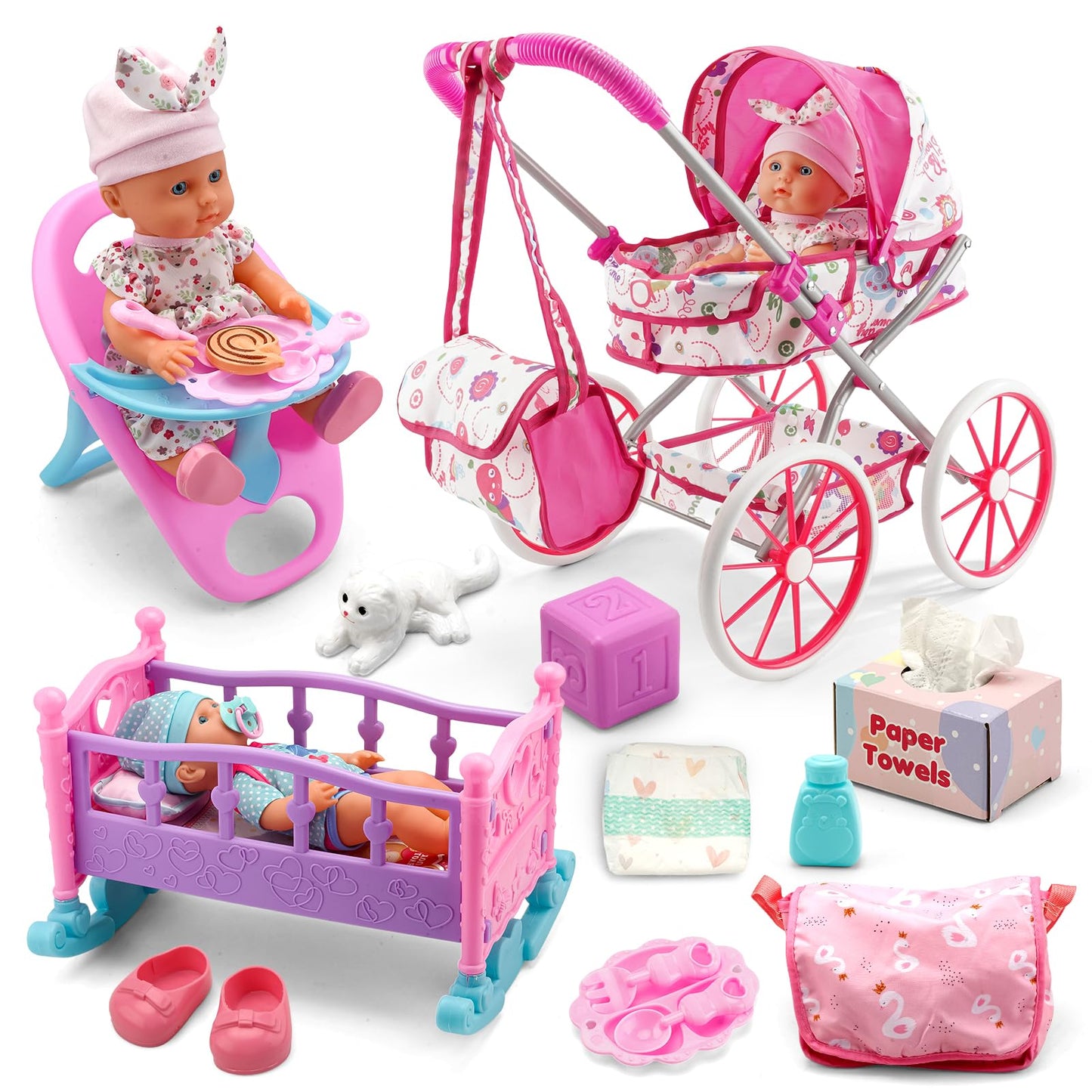 Doublekai Baby Doll Stroller Toys Set with 13'' Doll, Bed, Dining Chair & 26 Accessories | Pretend Play for 3–7 Year Old Girls