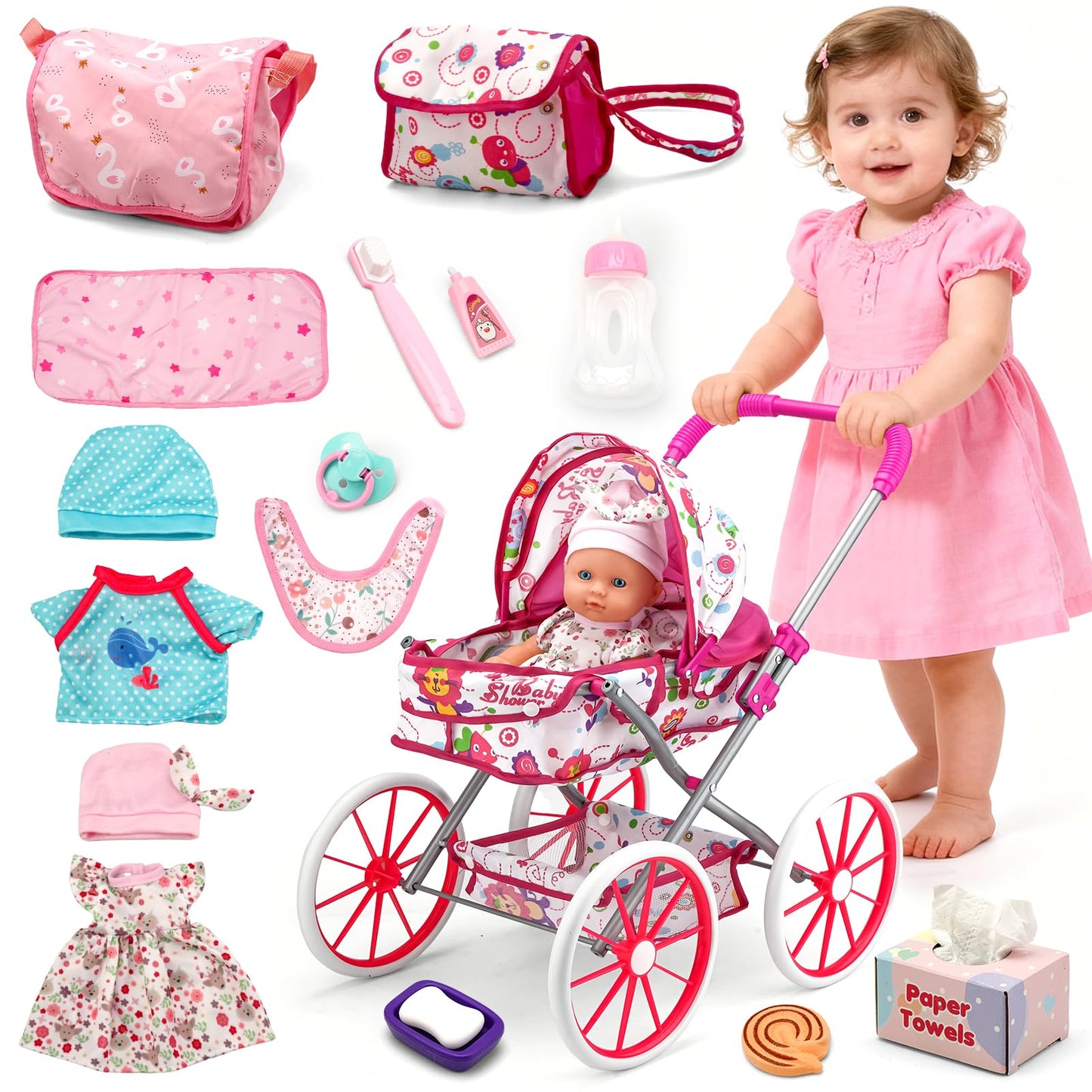 Doublekai Baby Doll Stroller Toys Set with 13'' Doll, Bed, Dining Chair & 26 Accessories | Pretend Play for 3–7 Year Old Girls
