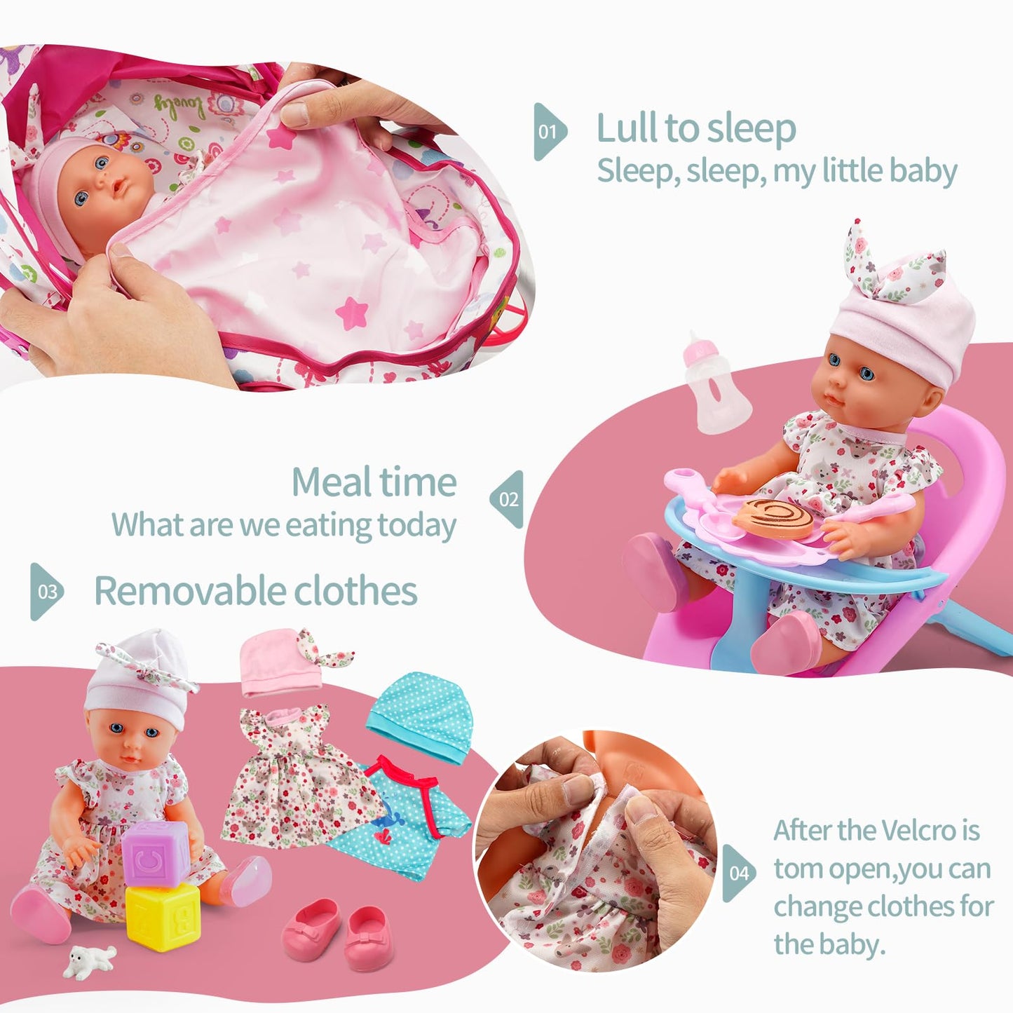 Doublekai Baby Doll Stroller Toys Set with 13'' Doll, Bed, Dining Chair & 26 Accessories | Pretend Play for 3–7 Year Old Girls