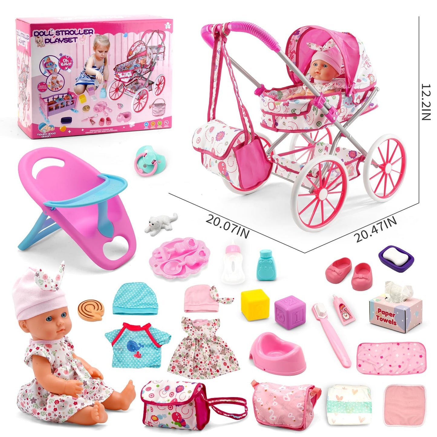 Doublekai Baby Doll Stroller Toys Set with 13'' Doll, Bed, Dining Chair & 26 Accessories | Pretend Play for 3–7 Year Old Girls