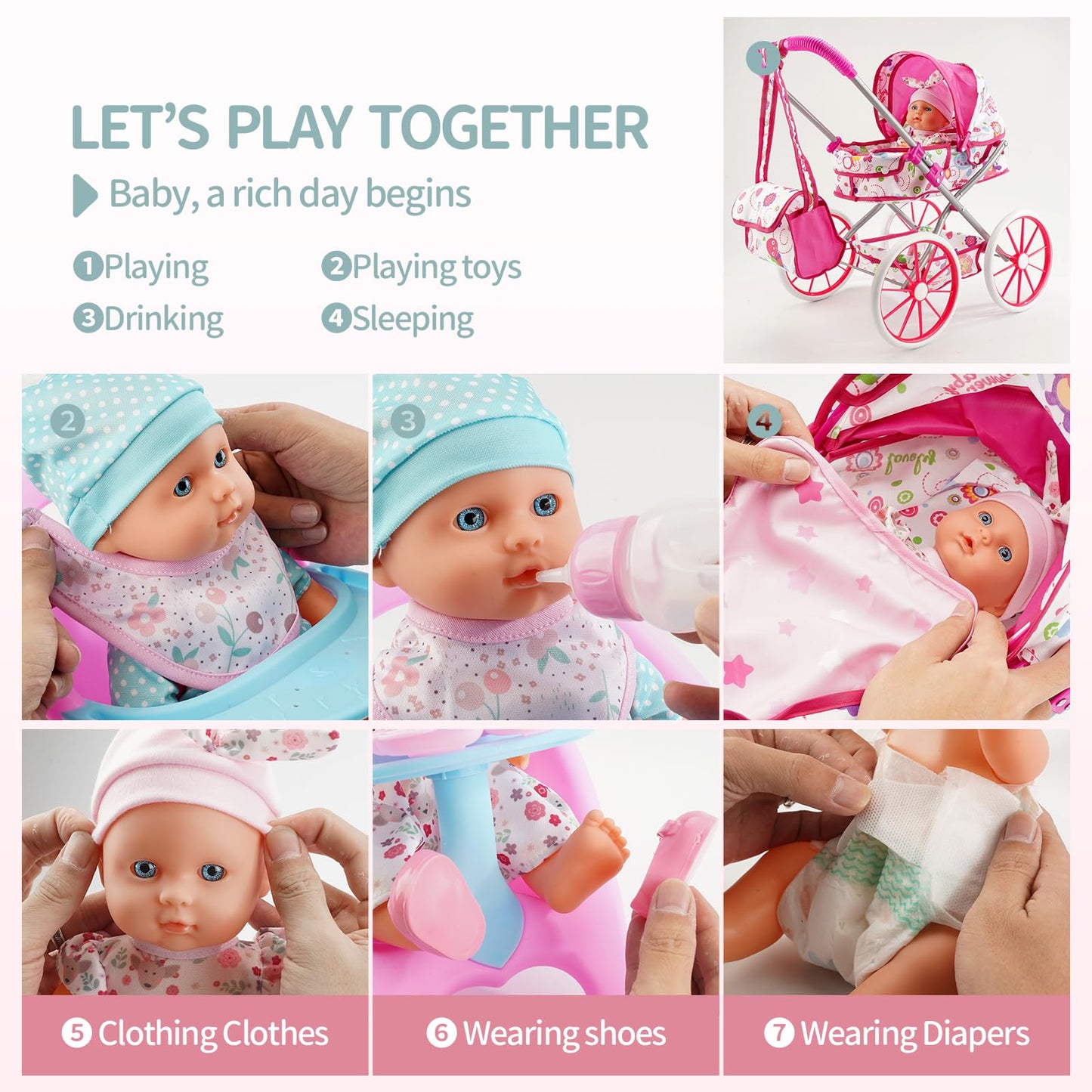 Doublekai Baby Doll Stroller Toys Set with 13'' Doll, Bed, Dining Chair & 26 Accessories | Pretend Play for 3–7 Year Old Girls