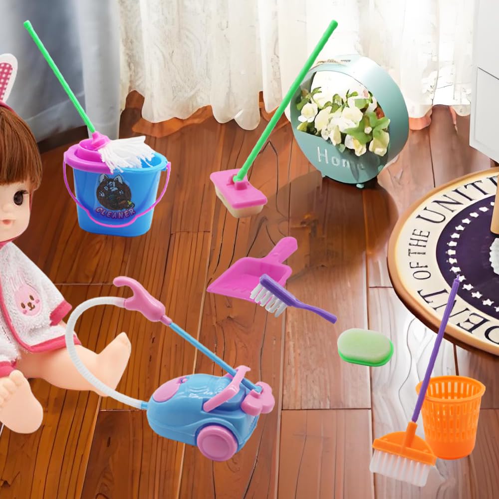 DoubleWood Doll House Cleaning Accessories Set – 9 Miniature Tools for 11.5-Inch Dollhouses