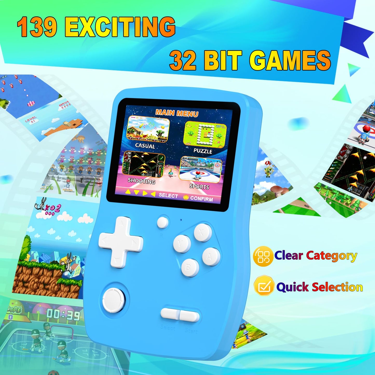 Douddy 32-Bit Handheld Games – 139 Preloaded Titles, 3.0-inch IPS Display, USB-C Rechargeable (Blue)