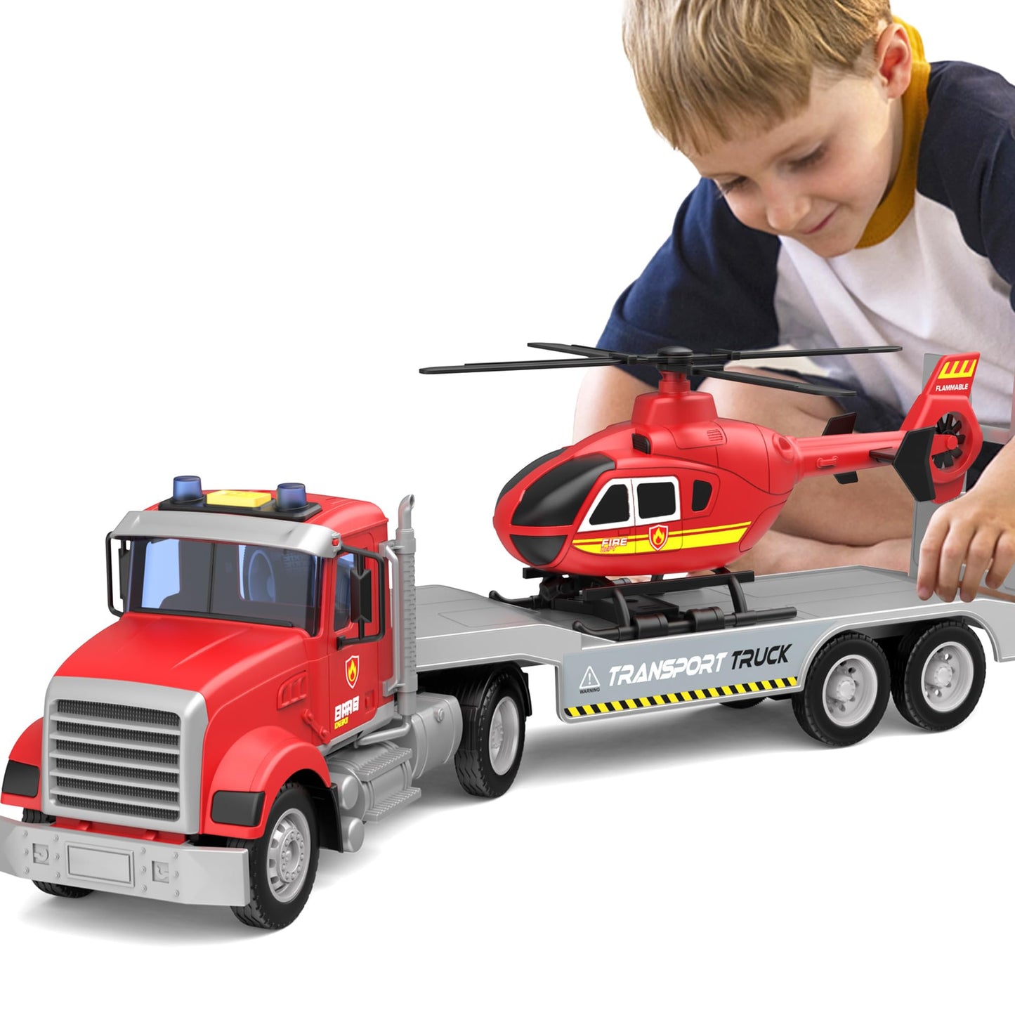 DOWELLIN 22-Inch Semi Fire Truck with Helicopter – Fire & Police Toy for Kids 3-7