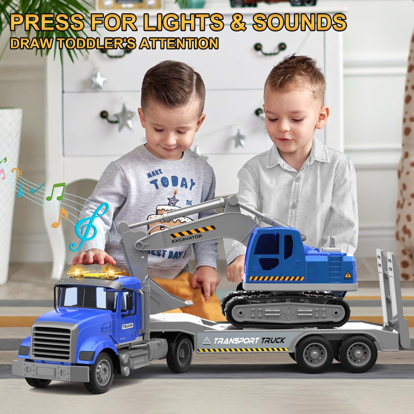 DOWELLIN 22-Inch Transports Trucks Toy Carrier & Excavator — Lights, Sounds, Friction-Powered