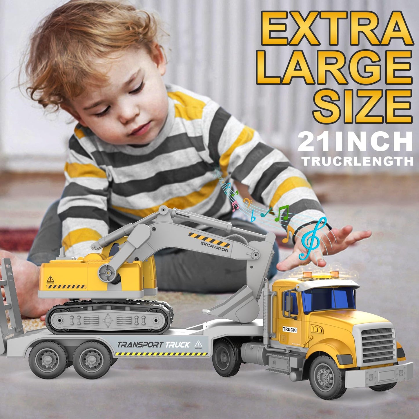 Dowellin Transports Trucks 22-Inch Large Semi Truck Toy Carrier & Excavator with Sound & Light – 2-in-1 Friction-Powered, Yellow