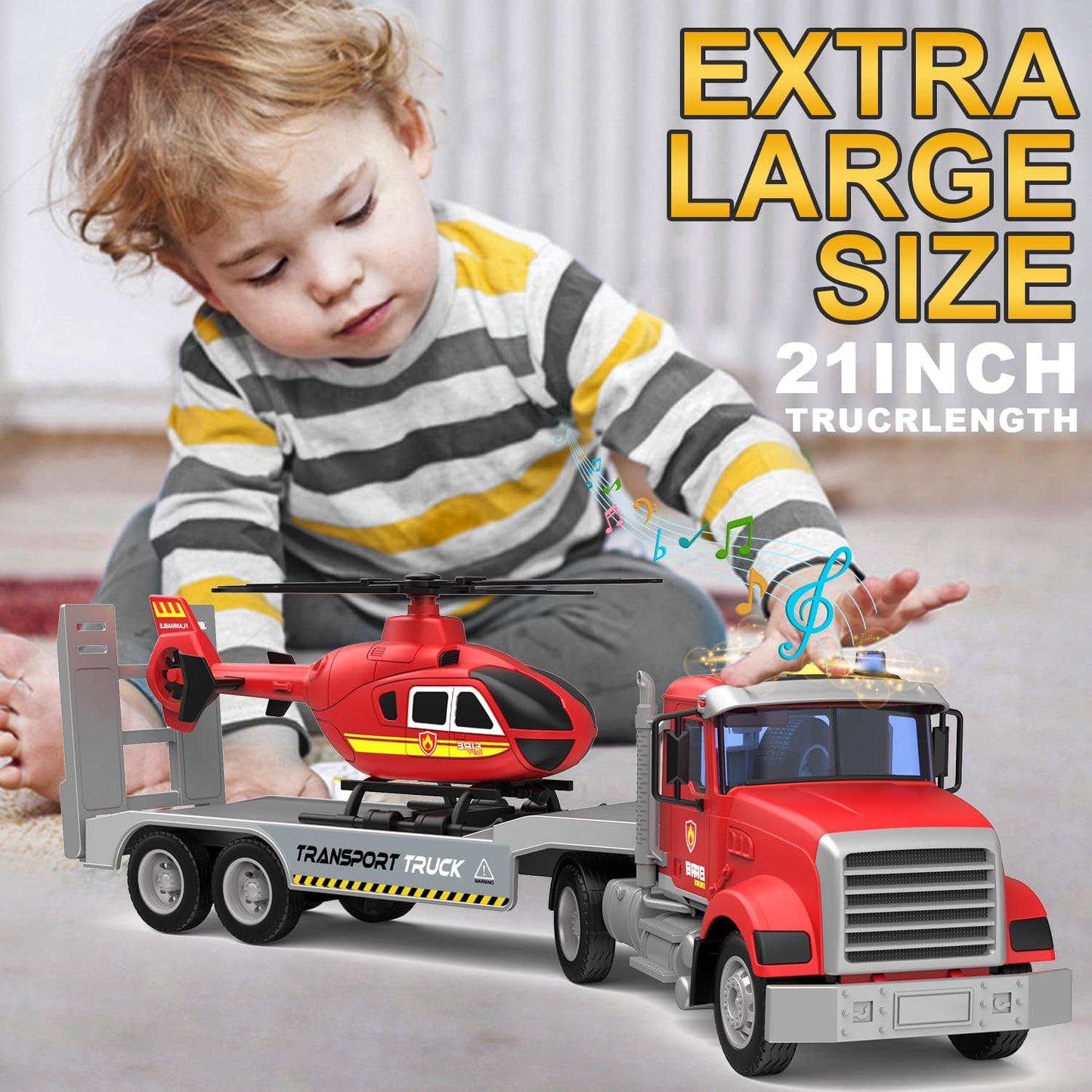 DOWELLIN 22-Inch Semi Fire Truck with Helicopter – Fire & Police Toy for Kids 3-7