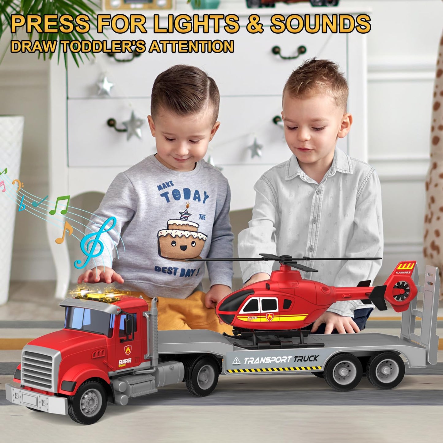 DOWELLIN 22-Inch Semi Fire Truck with Helicopter – Fire & Police Toy for Kids 3-7