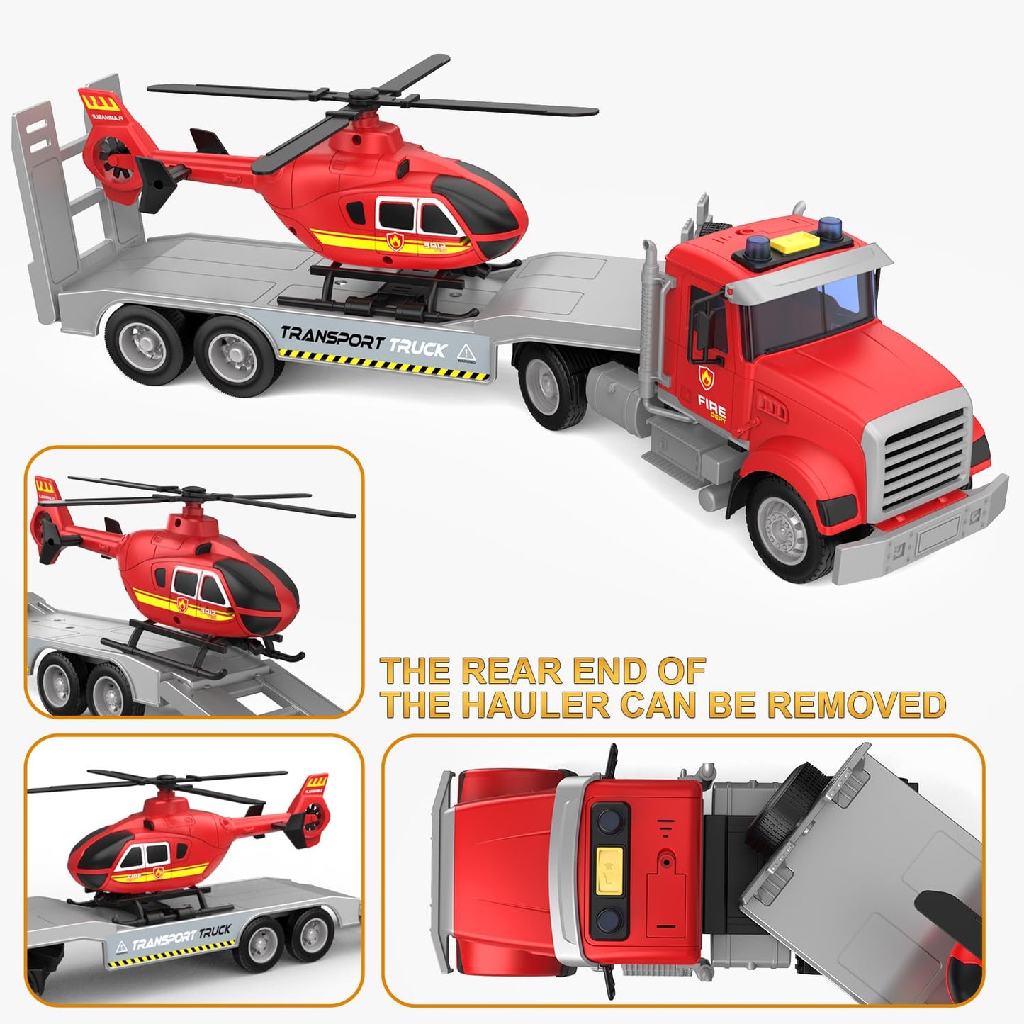 DOWELLIN 22-Inch Semi Fire Truck with Helicopter – Fire & Police Toy for Kids 3-7
