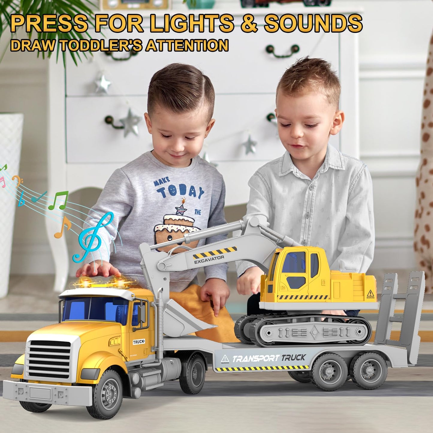 Dowellin Transports Trucks 22-Inch Large Semi Truck Toy Carrier & Excavator with Sound & Light – 2-in-1 Friction-Powered, Yellow