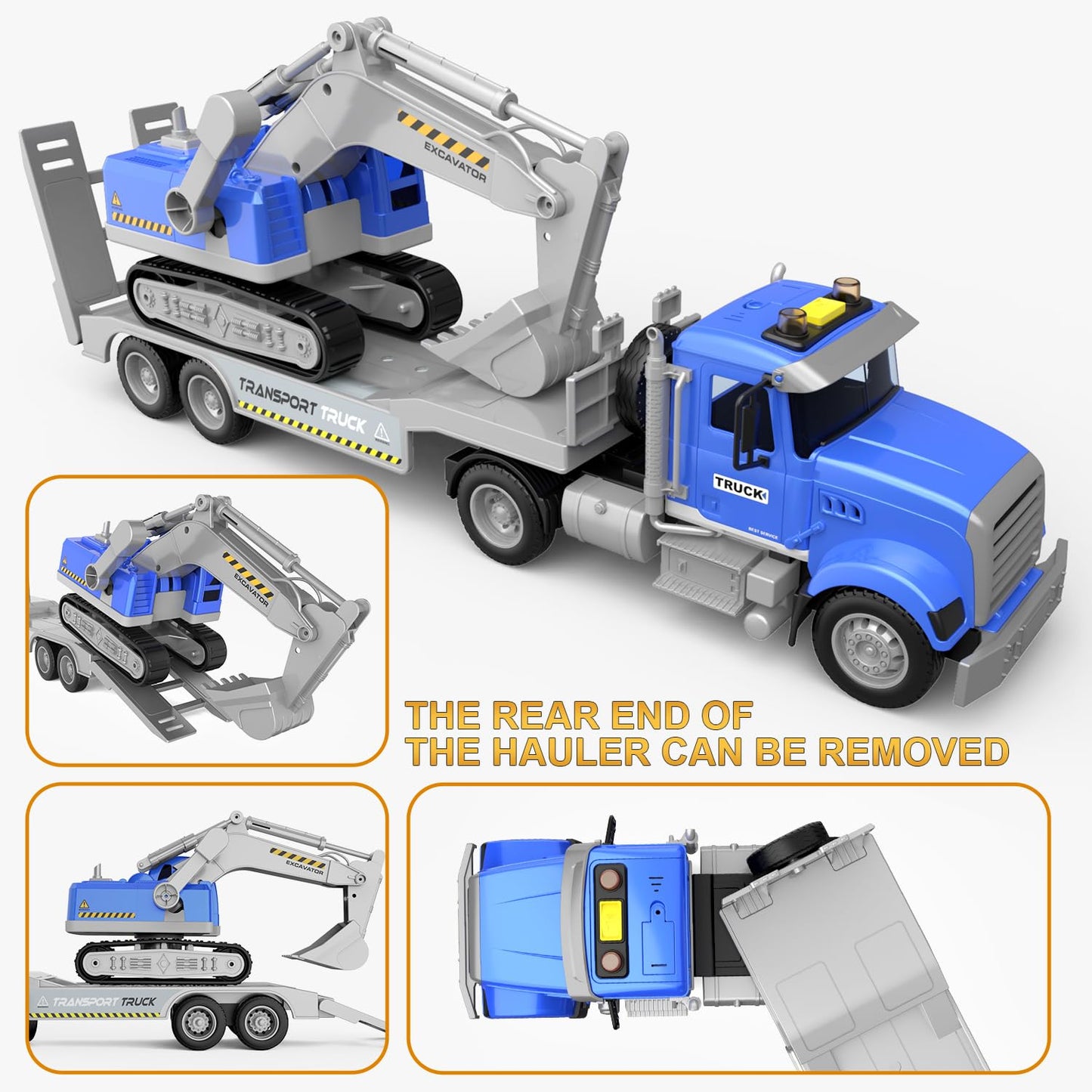 DOWELLIN 22-Inch Transports Trucks Toy Carrier & Excavator — Lights, Sounds, Friction-Powered