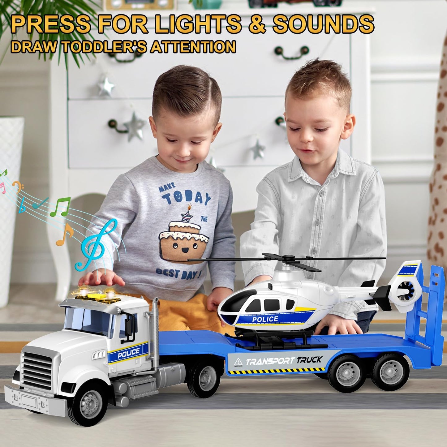 DOWELLIN 2-in-1 Police Truck with Helicopter — 22” Friction-Powered Toy for Toddlers (3+)