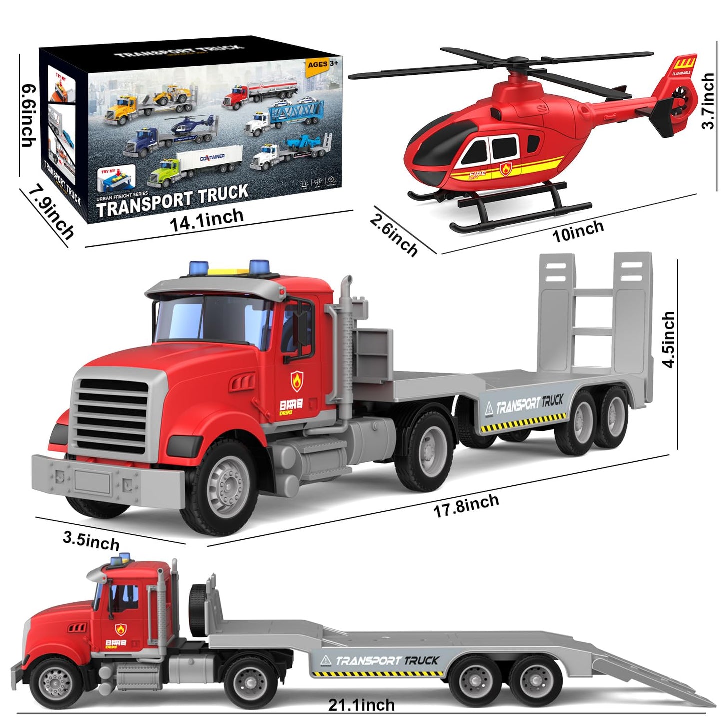 DOWELLIN 22-Inch Semi Fire Truck with Helicopter – Fire & Police Toy for Kids 3-7