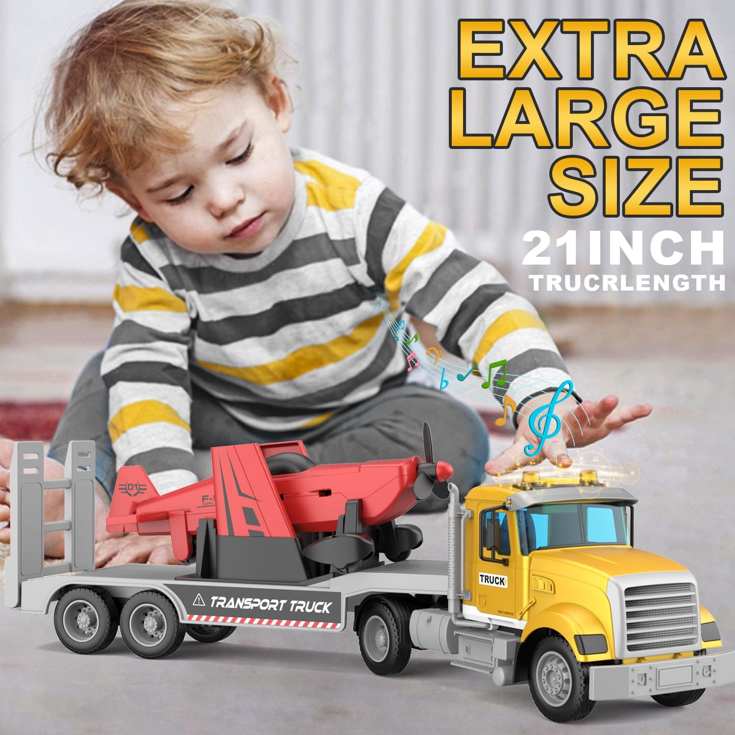 DOWELLIN Large 22in Semi Police Truck with Helicopter – Friction-Powered Kids Toy