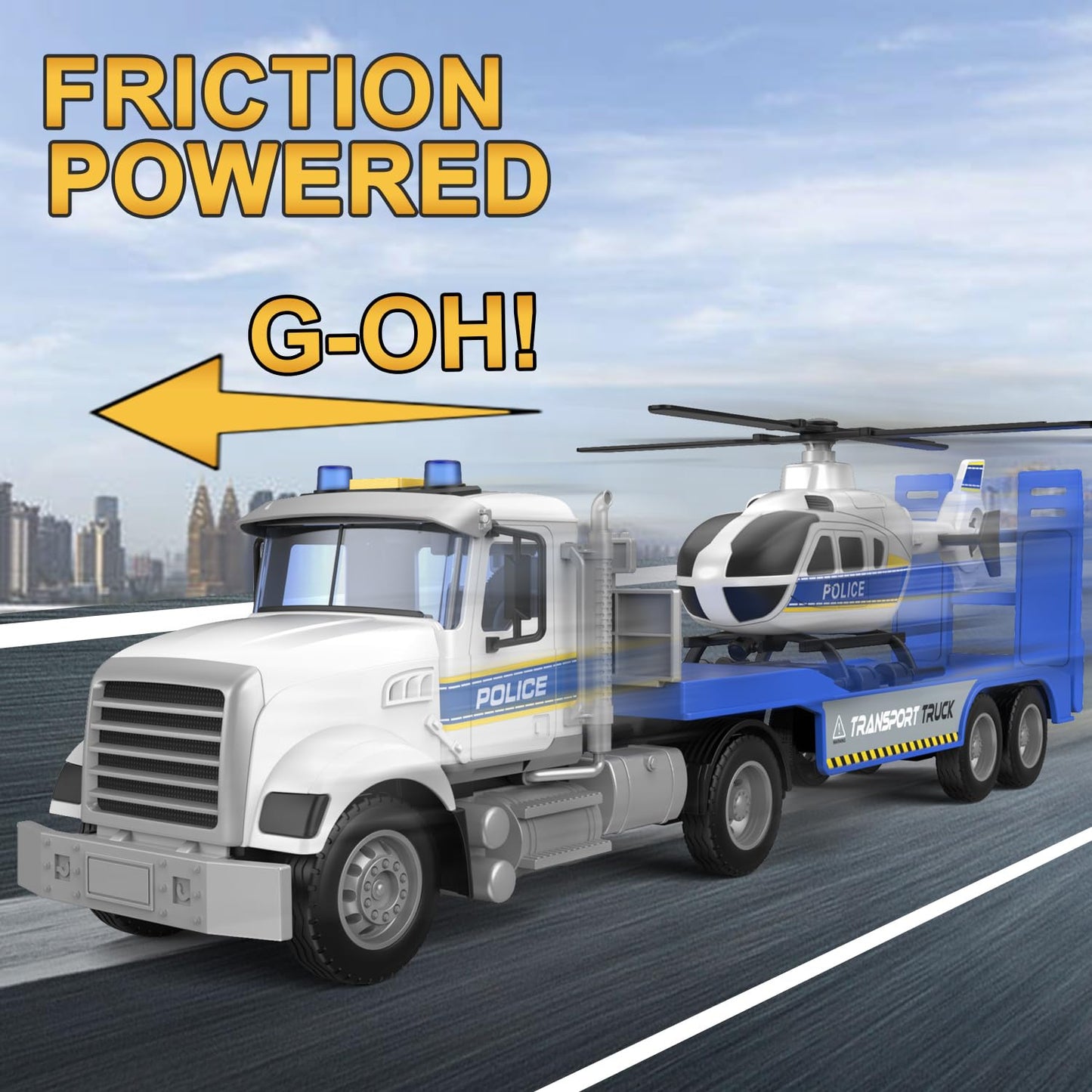 DOWELLIN 2-in-1 Police Truck with Helicopter — 22” Friction-Powered Toy for Toddlers (3+)