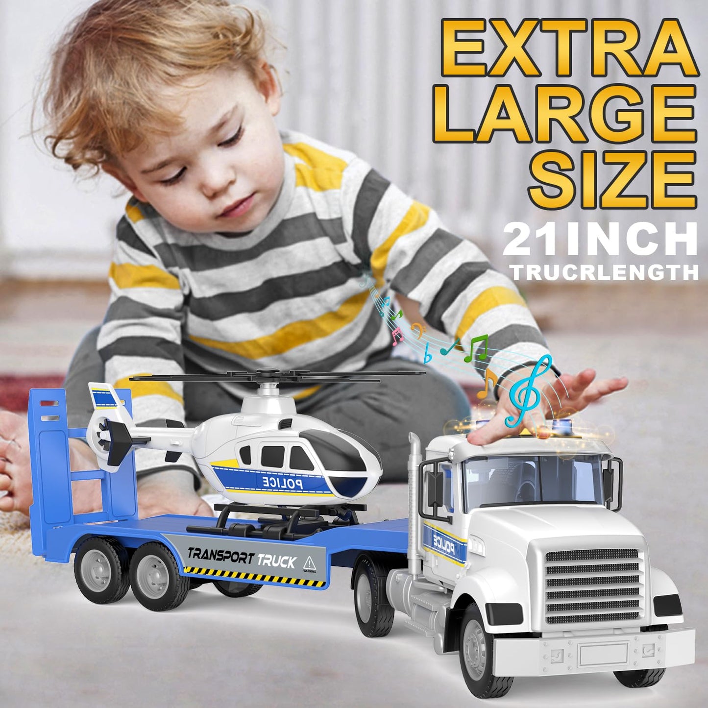 DOWELLIN 2-in-1 Police Truck with Helicopter — 22” Friction-Powered Toy for Toddlers (3+)
