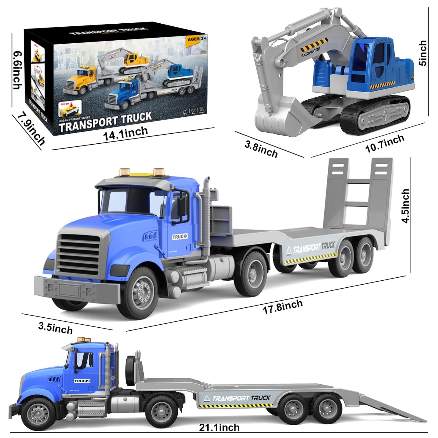 DOWELLIN 22-Inch Transports Trucks Toy Carrier & Excavator — Lights, Sounds, Friction-Powered