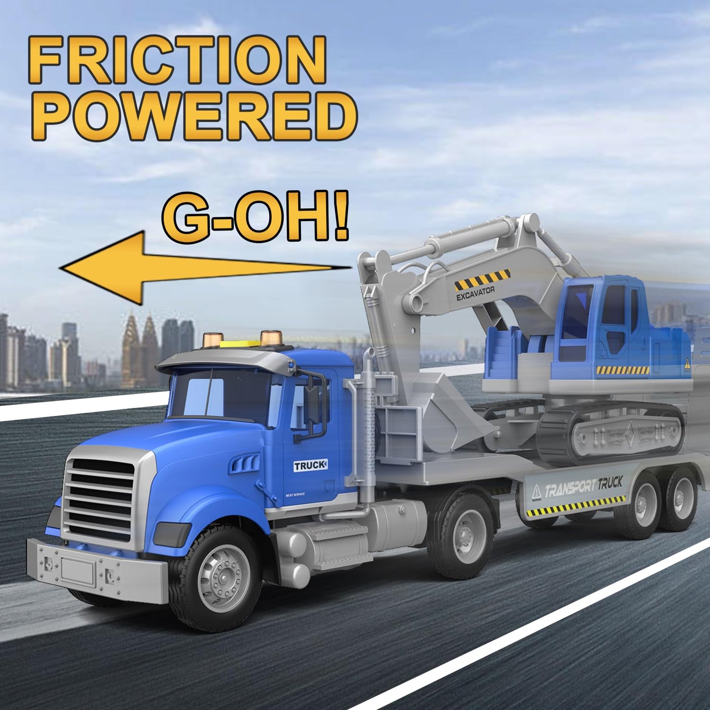 DOWELLIN 22-Inch Transports Trucks Toy Carrier & Excavator — Lights, Sounds, Friction-Powered