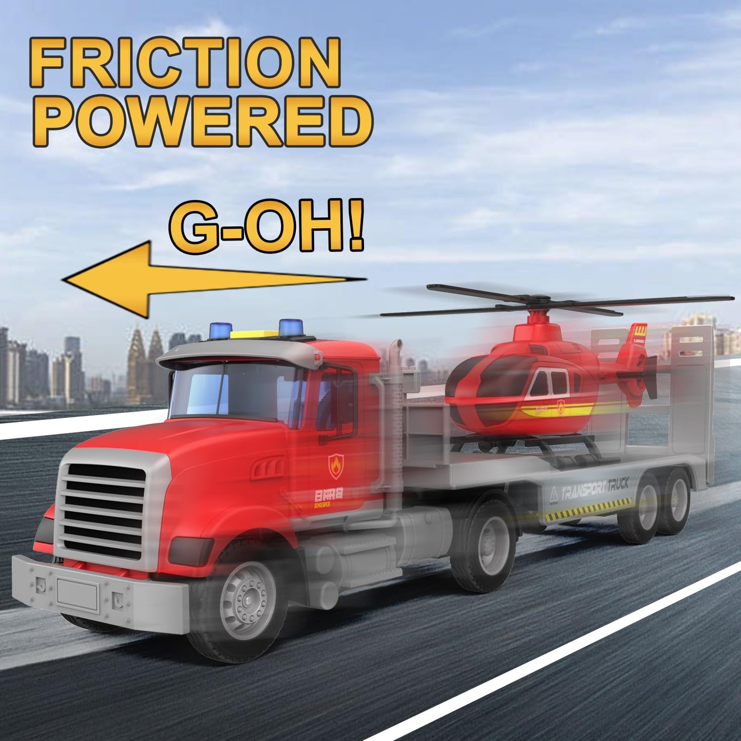 DOWELLIN 22-Inch Semi Fire Truck with Helicopter – Fire & Police Toy for Kids 3-7