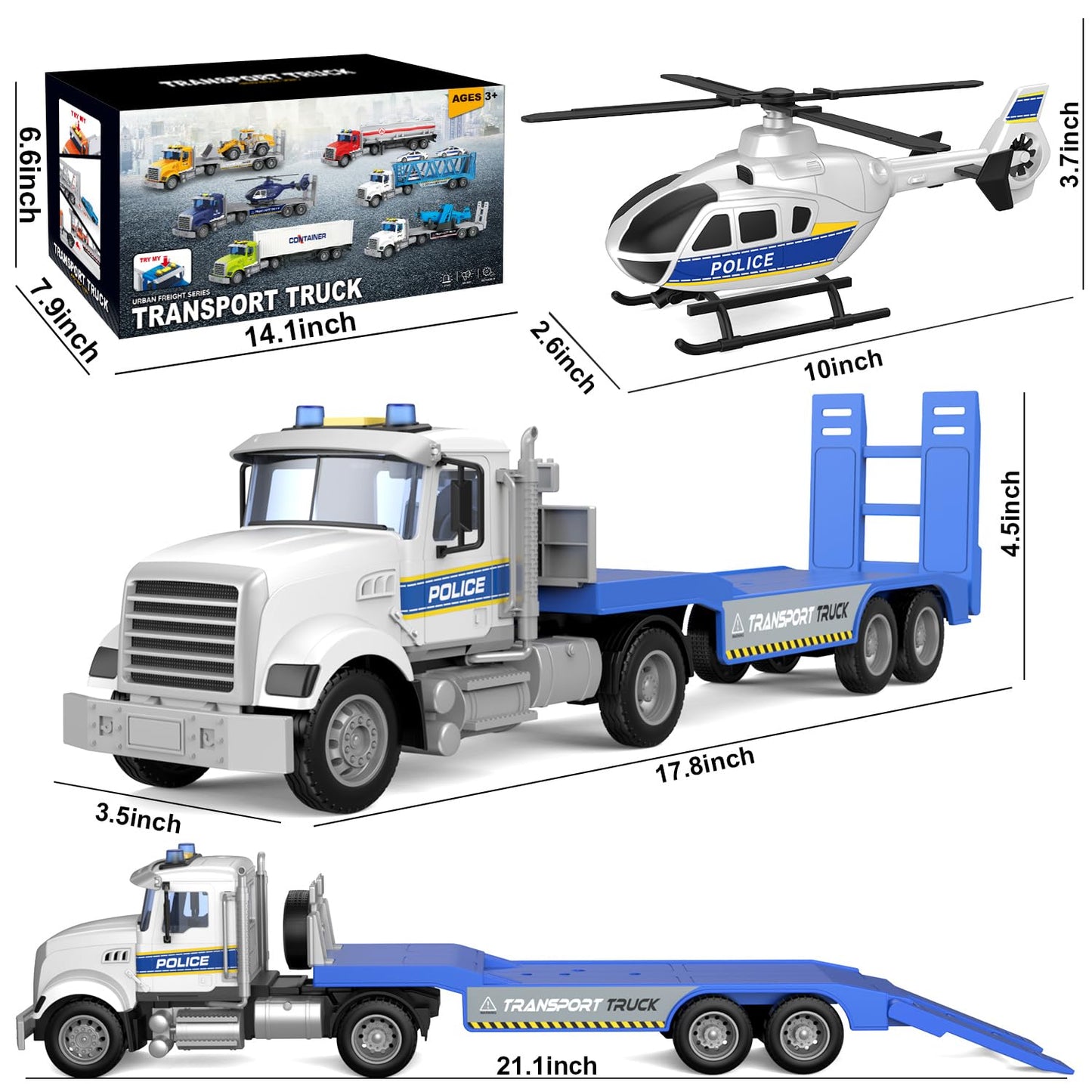 DOWELLIN 2-in-1 Police Truck with Helicopter — 22” Friction-Powered Toy for Toddlers (3+)