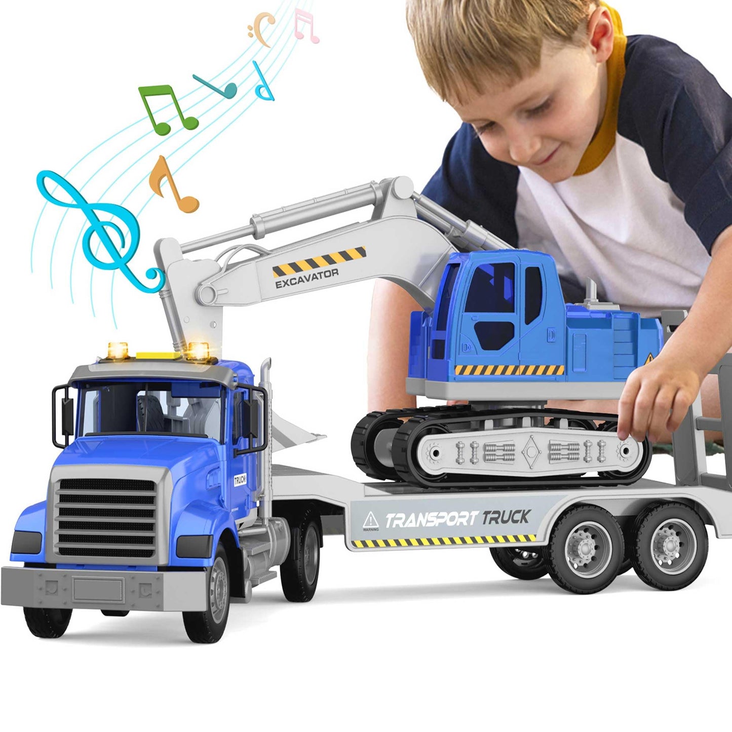 DOWELLIN 22-Inch Transports Trucks Toy Carrier & Excavator — Lights, Sounds, Friction-Powered