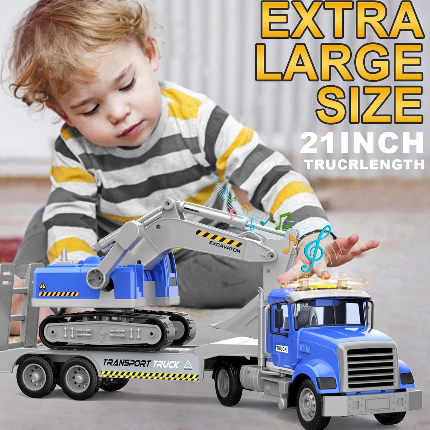 DOWELLIN 22-Inch Transports Trucks Toy Carrier & Excavator — Lights, Sounds, Friction-Powered