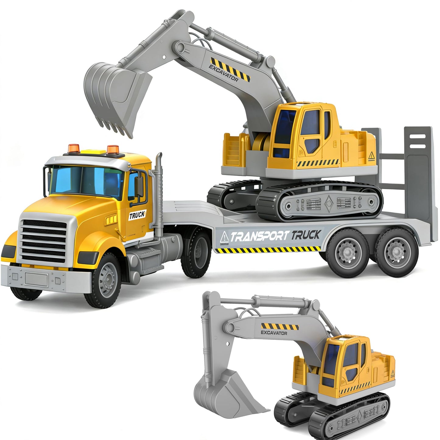 Dowellin Transports Trucks 22-Inch Large Semi Truck Toy Carrier & Excavator with Sound & Light – 2-in-1 Friction-Powered, Yellow