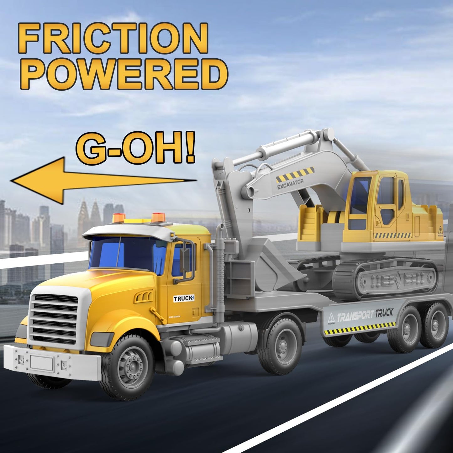 Dowellin Transports Trucks 22-Inch Large Semi Truck Toy Carrier & Excavator with Sound & Light – 2-in-1 Friction-Powered, Yellow