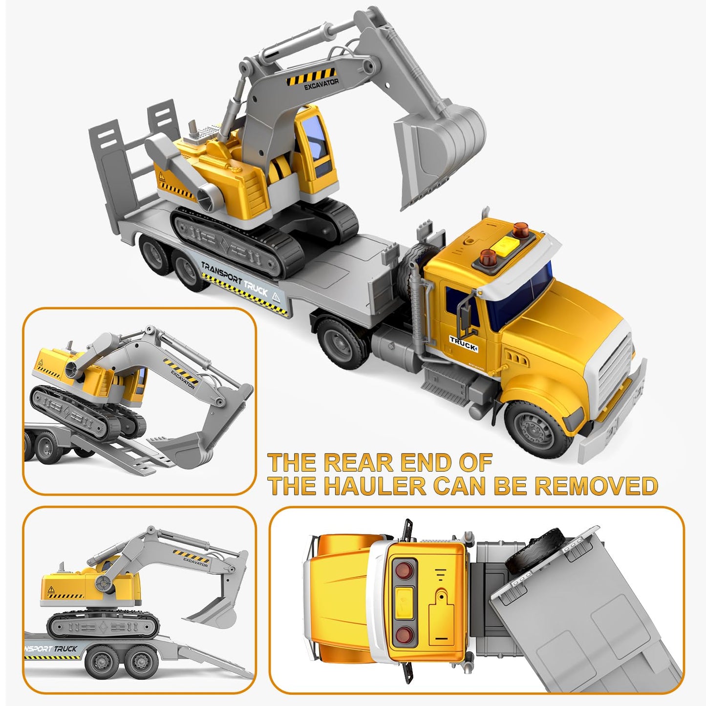 Dowellin Transports Trucks 22-Inch Large Semi Truck Toy Carrier & Excavator with Sound & Light – 2-in-1 Friction-Powered, Yellow